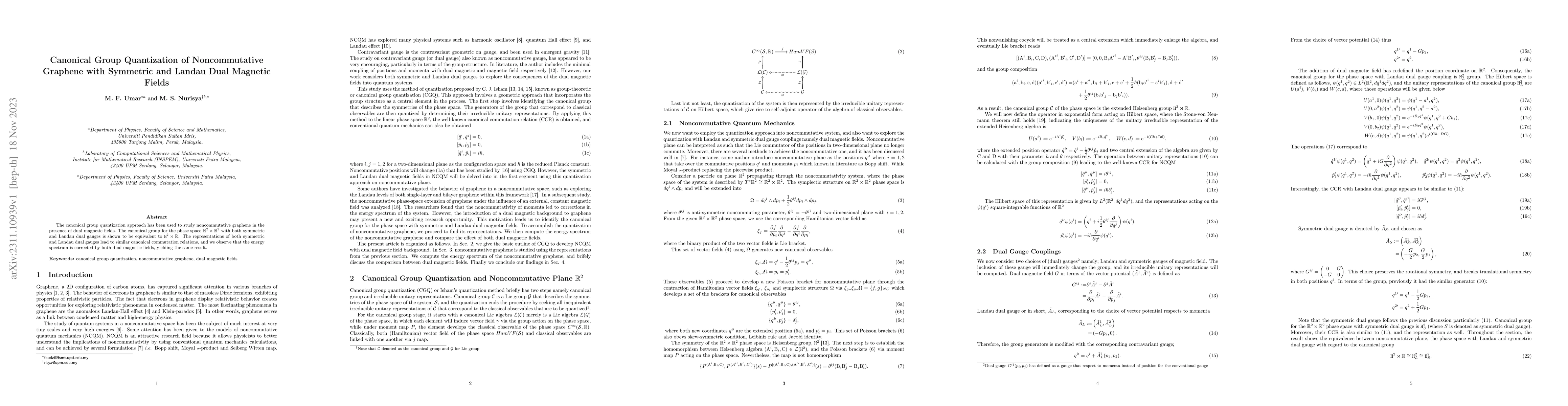 Thumbnail for Canonical Group Quantization of Noncommutative Graphene with Symmetric
  and Landau Dual Magnetic Fields