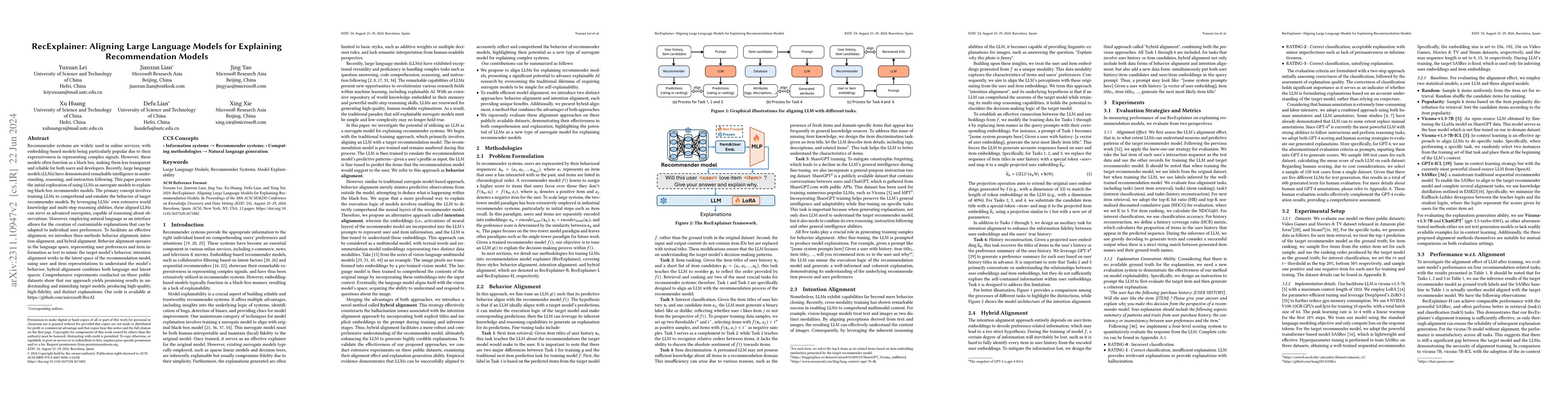 Thumbnail for RecExplainer: Aligning Large Language Models for Explaining
  Recommendation Models