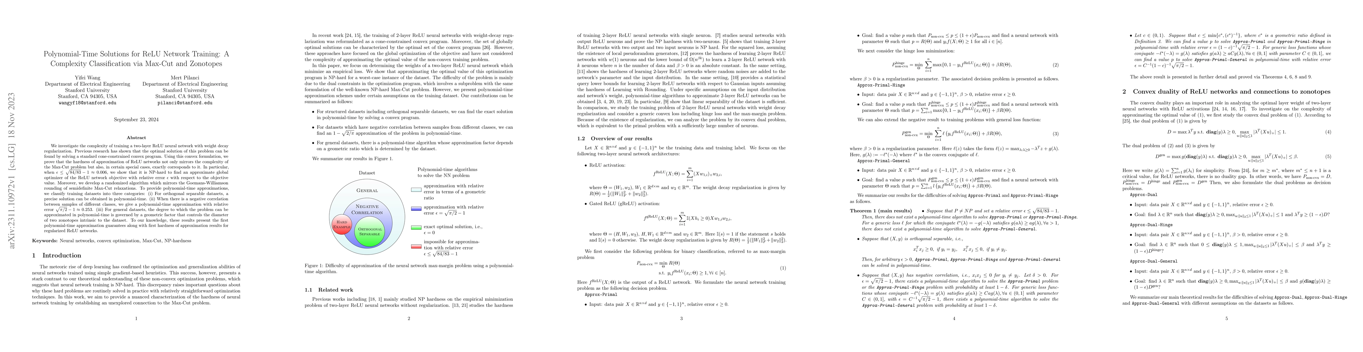 Thumbnail for Polynomial-Time Solutions for ReLU Network Training: A Complexity
  Classification via Max-Cut and Zonotopes