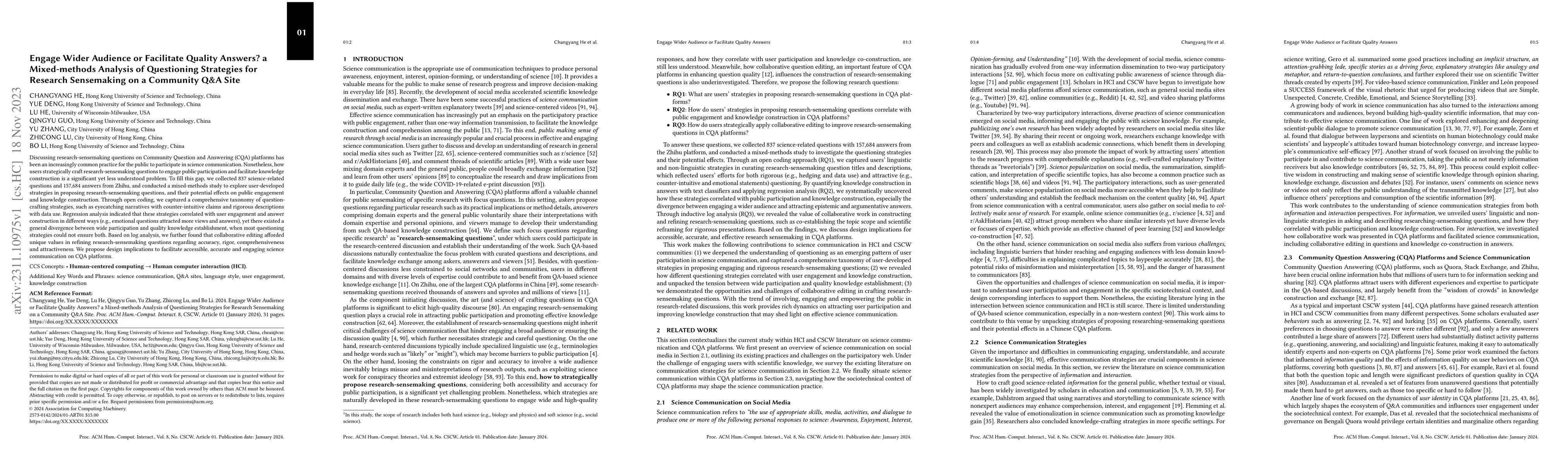 Thumbnail for Engage Wider Audience or Facilitate Quality Answers? a Mixed-methods
  Analysis of Questioning Strategies for Research Sensemaking on a Community
  Q&A Site