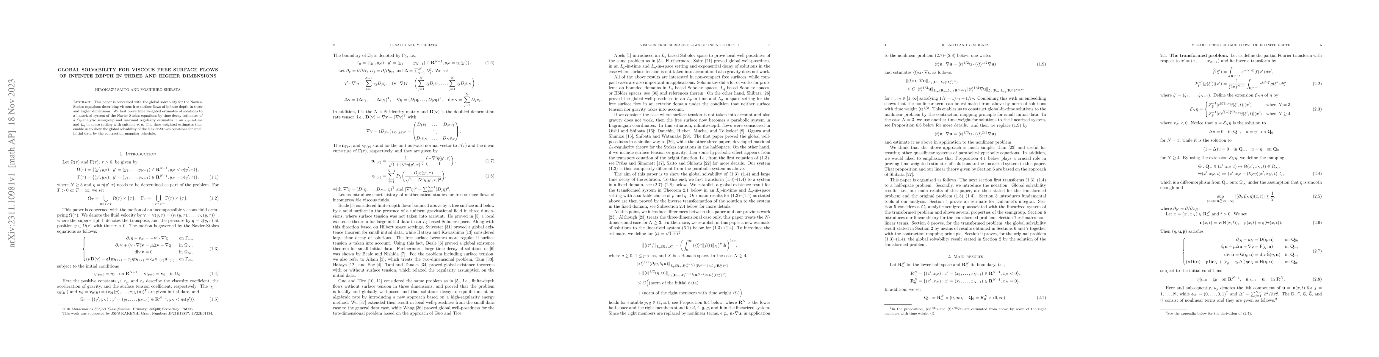 Thumbnail for Global solvability for viscous free surface flows of infinite depth in
  three and higher dimensions