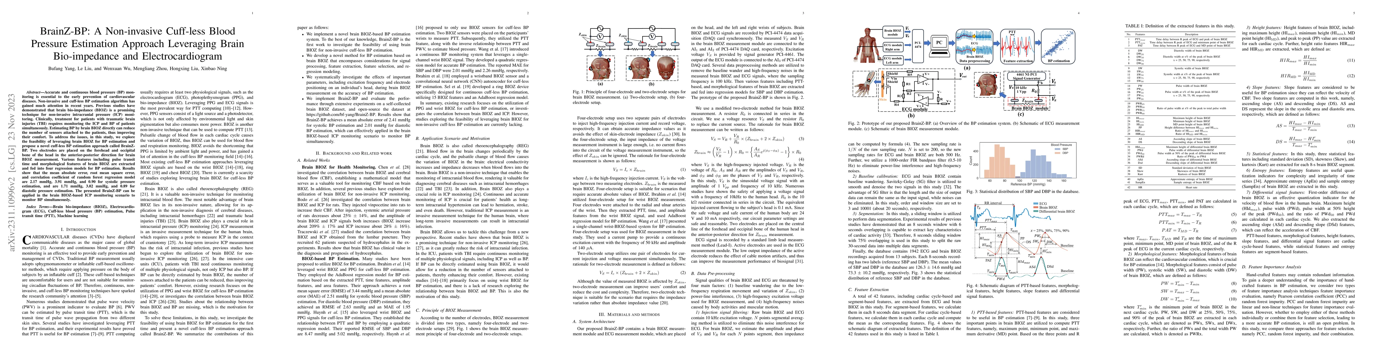 Thumbnail for BrainZ-BP: A Non-invasive Cuff-less Blood Pressure Estimation Approach
  Leveraging Brain Bio-impedance and Electrocardiogram