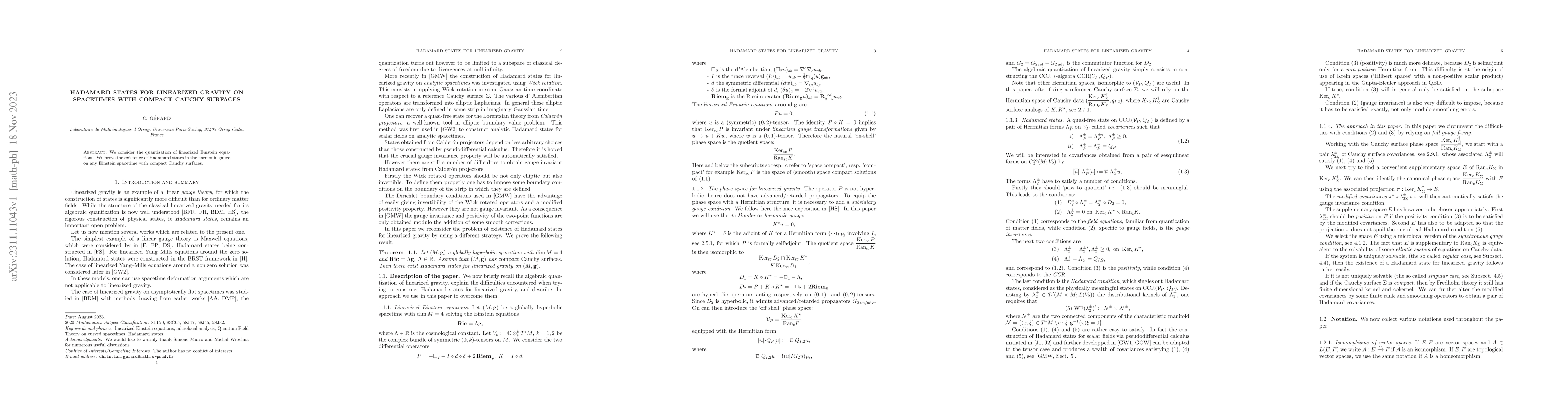 Thumbnail for Hadamard states for linearized gravity on spacetimes with compact Cauchy
  surfaces