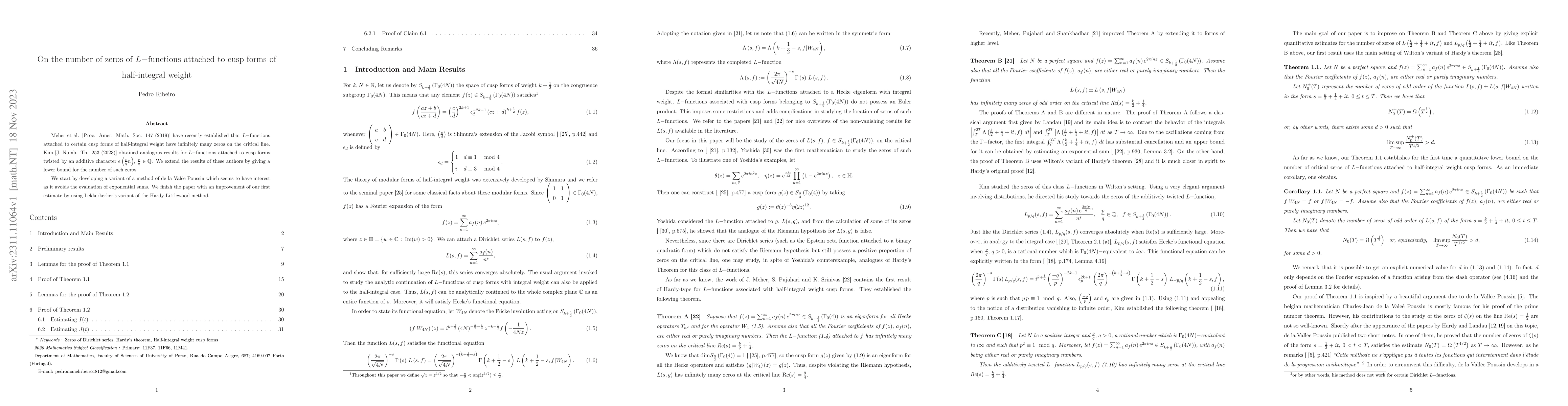 Thumbnail for On the number of zeros of $L-$functions attached to cusp forms of
  half-integral weight