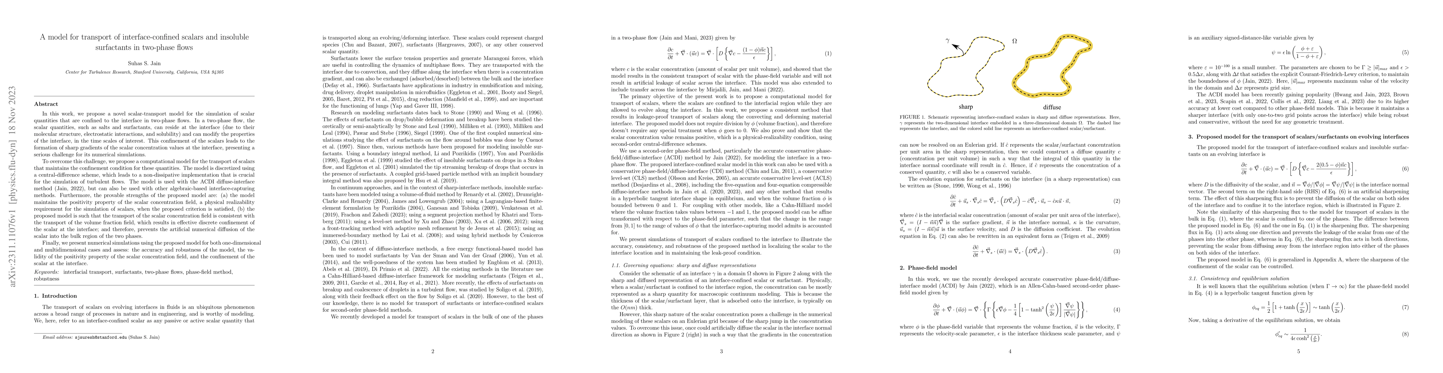 Thumbnail for A model for transport of interface-confined scalars and insoluble
  surfactants in two-phase flows