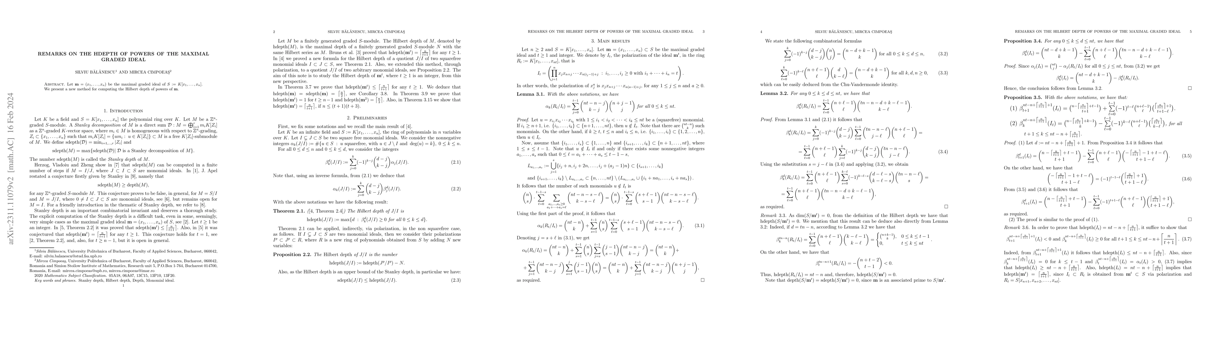 Thumbnail for Remarks on the Hilbert depth of powers of the maximal graded ideal