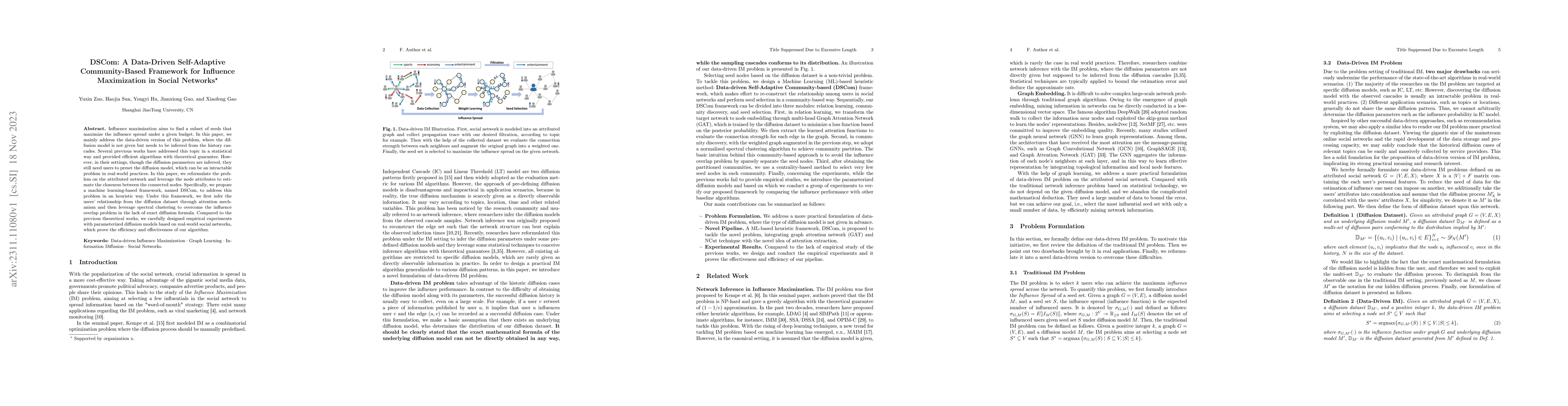 Thumbnail for DSCom: A Data-Driven Self-Adaptive Community-Based Framework for
  Influence Maximization in Social Networks
