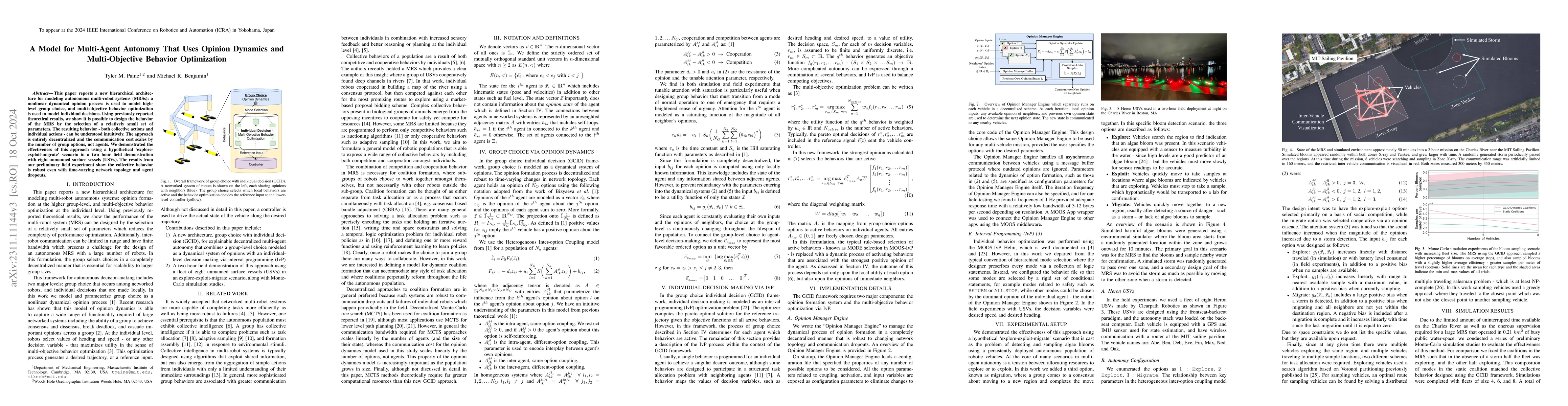 Thumbnail for A Model for Multi-Agent Autonomy That Uses Opinion Dynamics and
  Multi-Objective Behavior Optimization