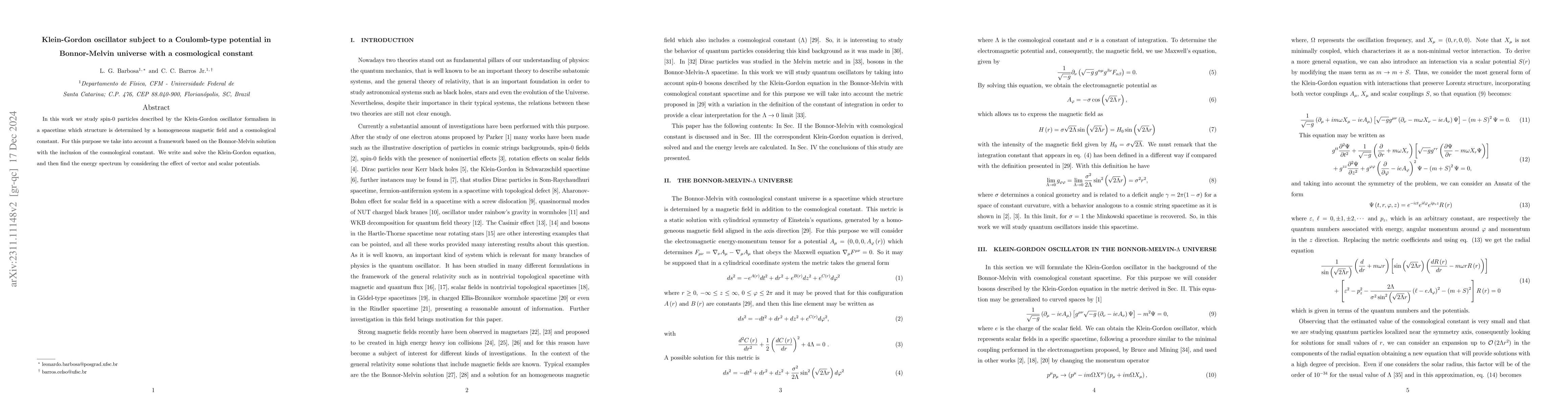 Thumbnail for Klein-Gordon oscillator subject to a Coulomb-type potential in
  Bonnor-Melvin universe with a cosmological constant