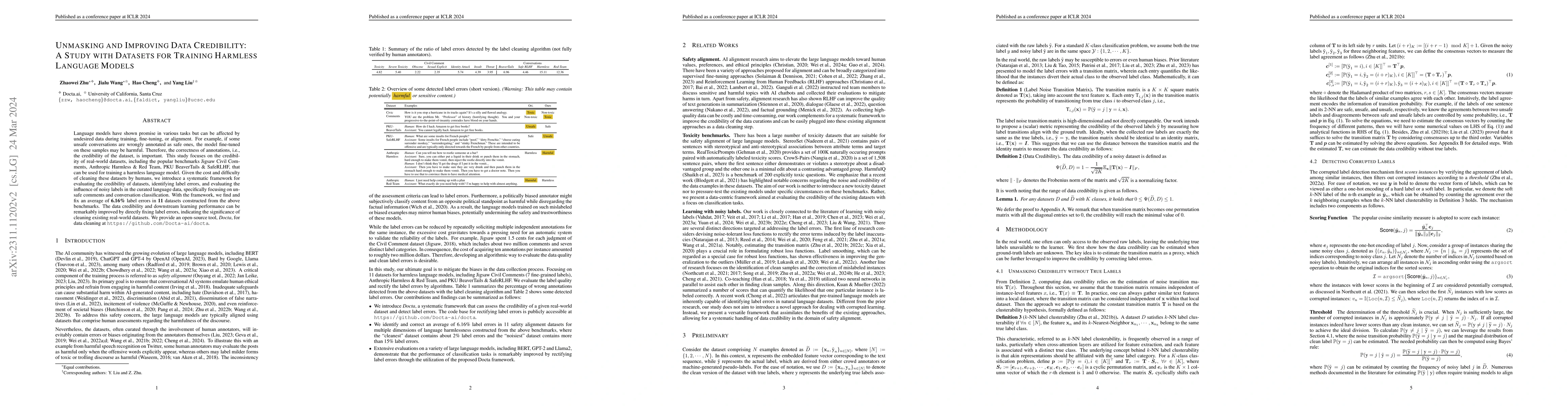 Thumbnail for Unmasking and Improving Data Credibility: A Study with Datasets for
  Training Harmless Language Models