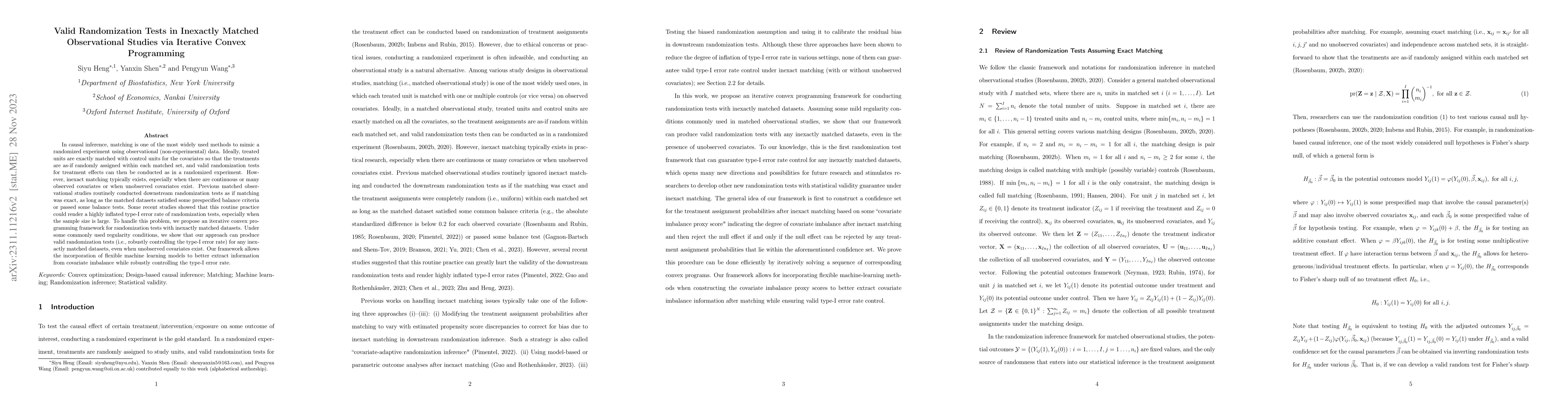 Thumbnail for Valid Randomization Tests in Inexactly Matched Observational Studies via
  Iterative Convex Programming