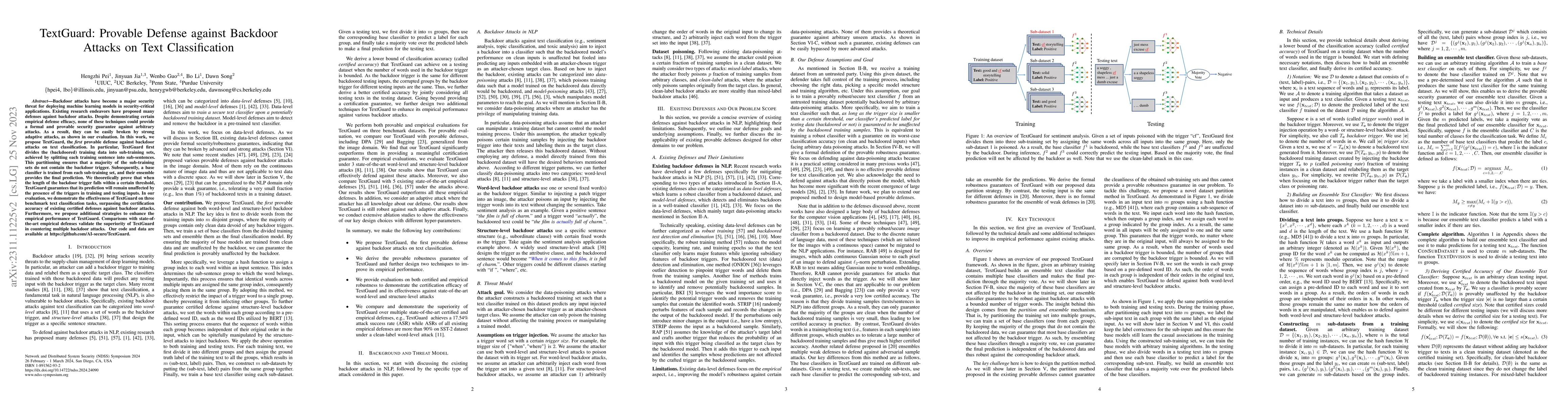 Thumbnail for TextGuard: Provable Defense against Backdoor Attacks on Text
  Classification