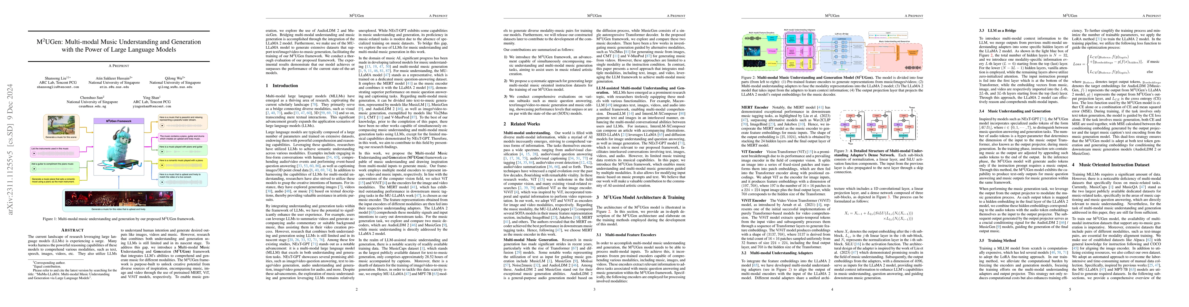 Thumbnail for M$^{2}$UGen: Multi-modal Music Understanding and Generation with the
  Power of Large Language Models