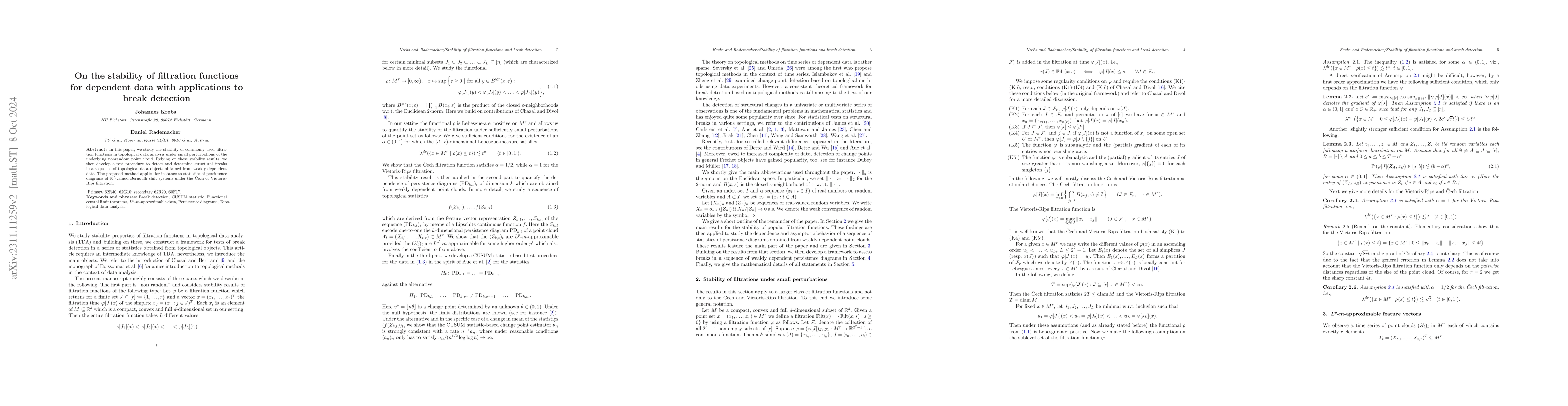 Thumbnail for On the stability of the filtration functions for weakly dependent data
  with applications to structural break detection