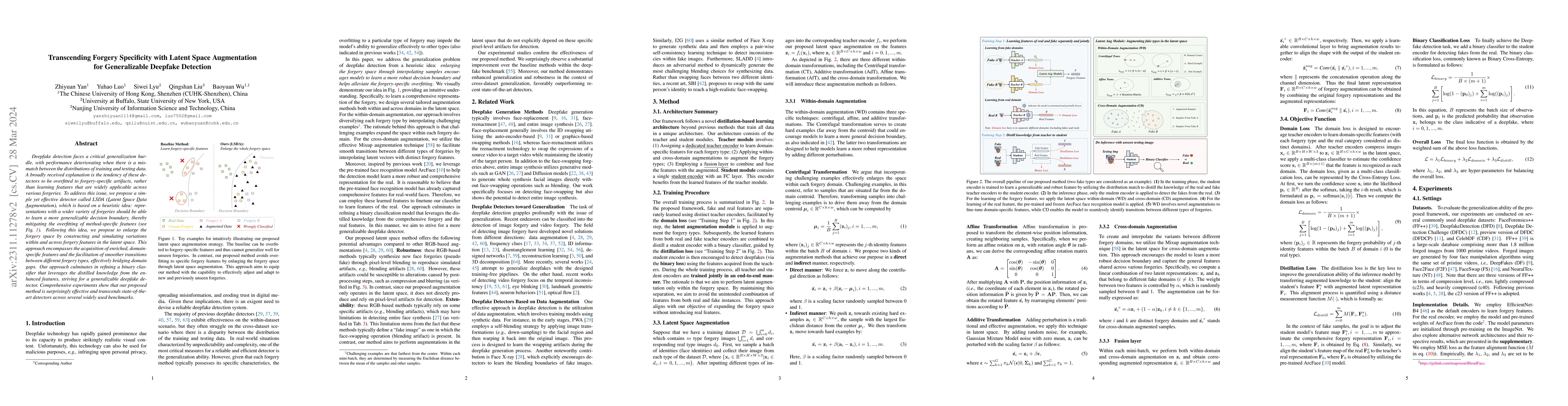 Thumbnail for Transcending Forgery Specificity with Latent Space Augmentation for
  Generalizable Deepfake Detection