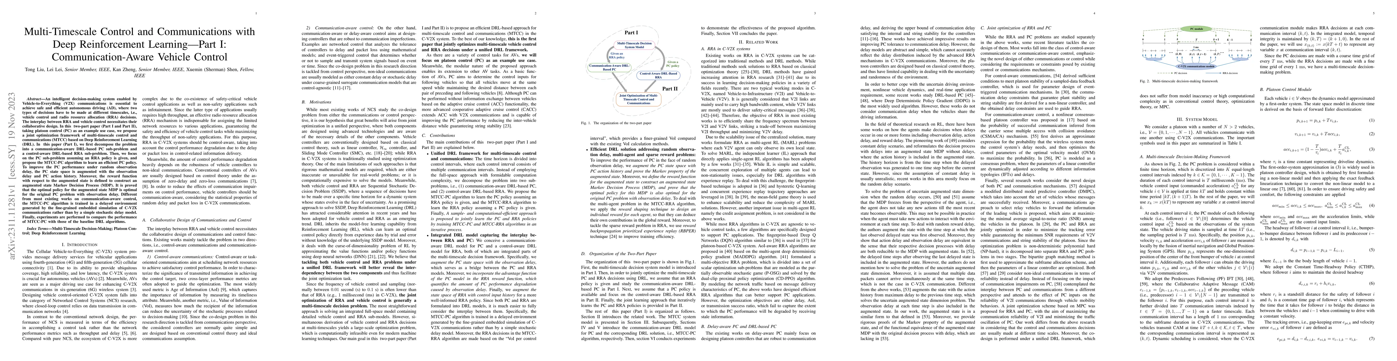 Thumbnail for Multi-Timescale Control and Communications with Deep Reinforcement
  Learning -- Part I: Communication-Aware Vehicle Control