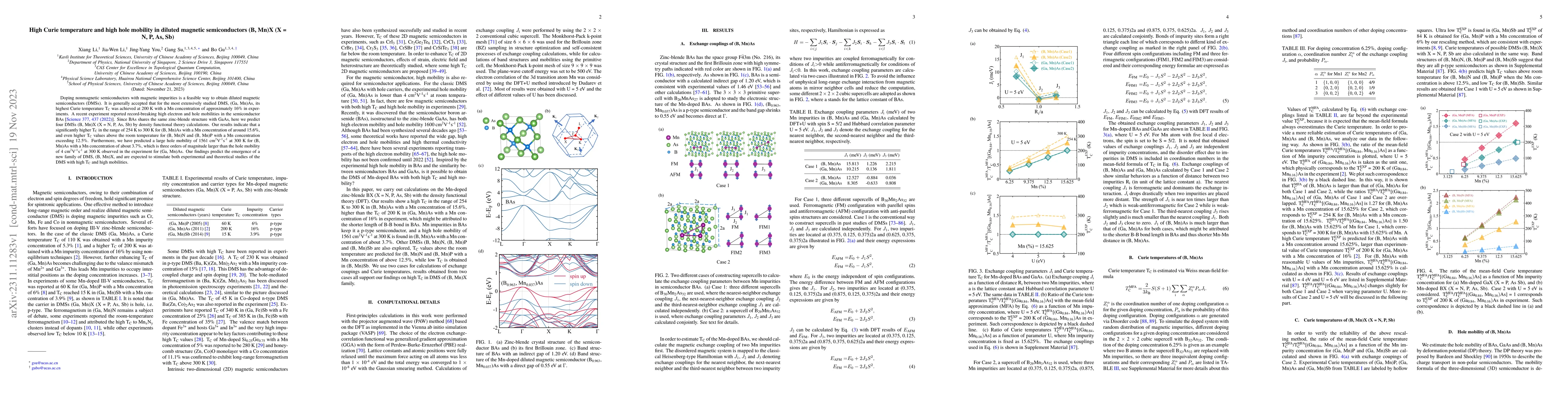 Thumbnail for High Curie temperature and high hole mobility in diluted magnetic
  semiconductors (B, Mn)X (X = N, P, As, Sb)