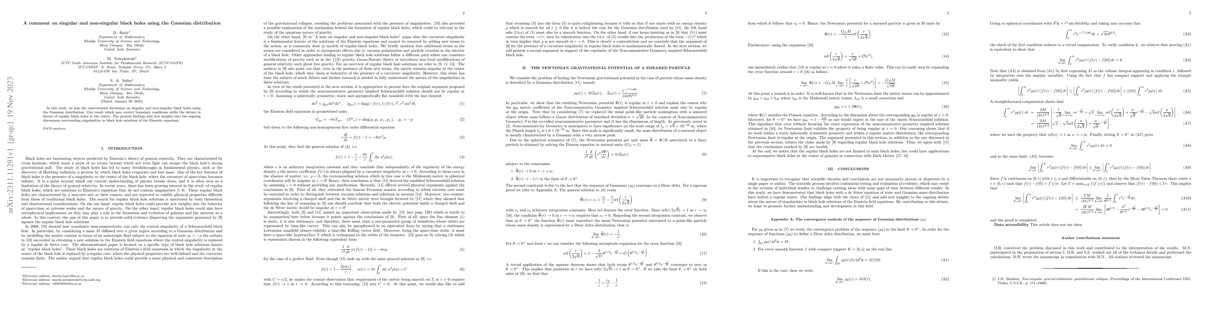 Thumbnail for A comment on singular and non-singular black holes using the Gaussian
  distribution
