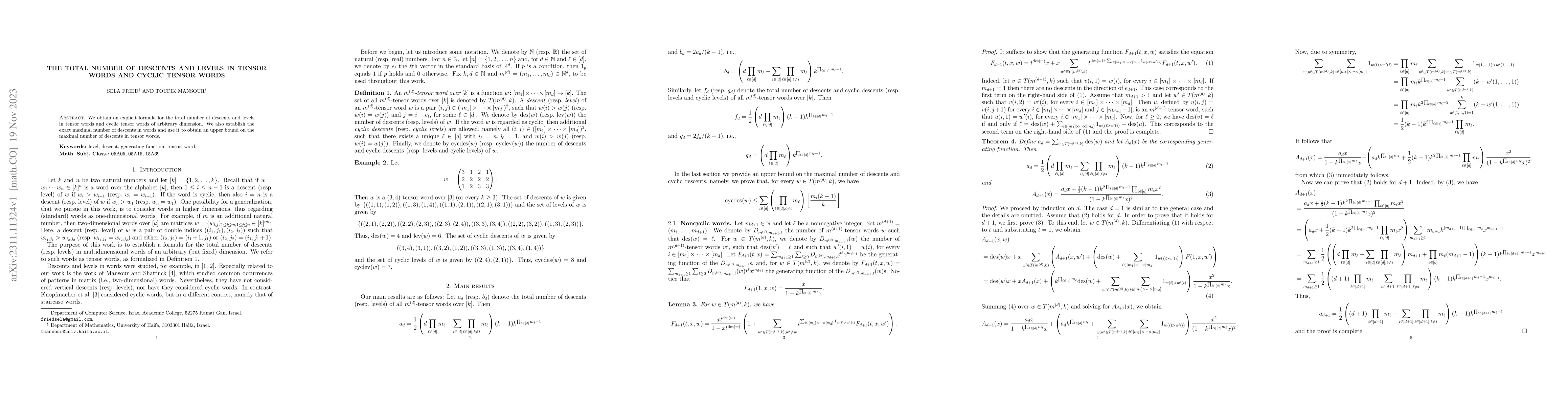Thumbnail for The total number of descents and levels in tensor words and cyclic
  tensor words