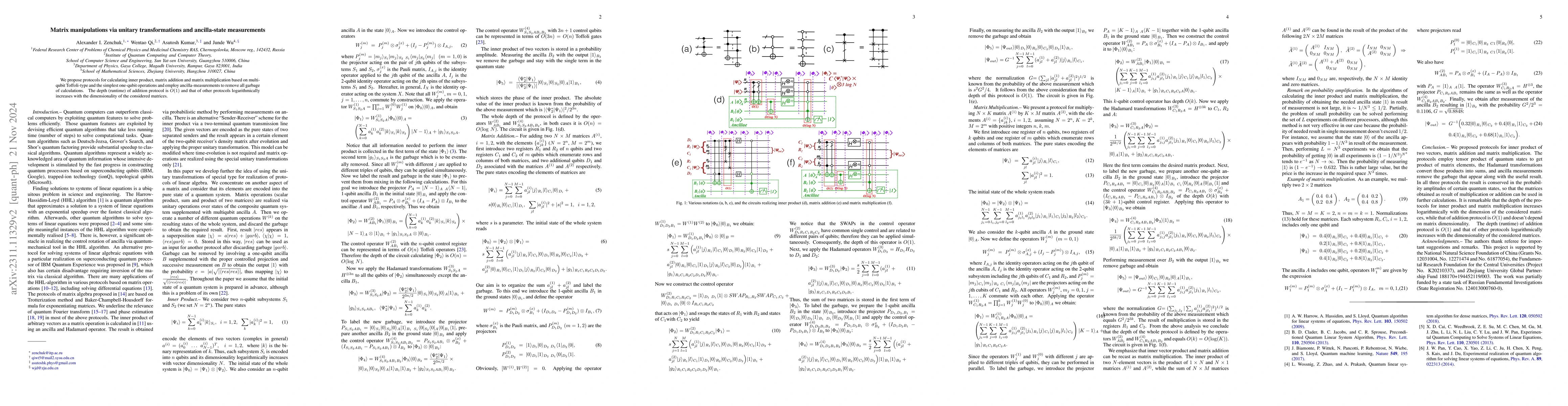 Thumbnail for Matrix manipulations via unitary transformations and ancilla-state
  measurements