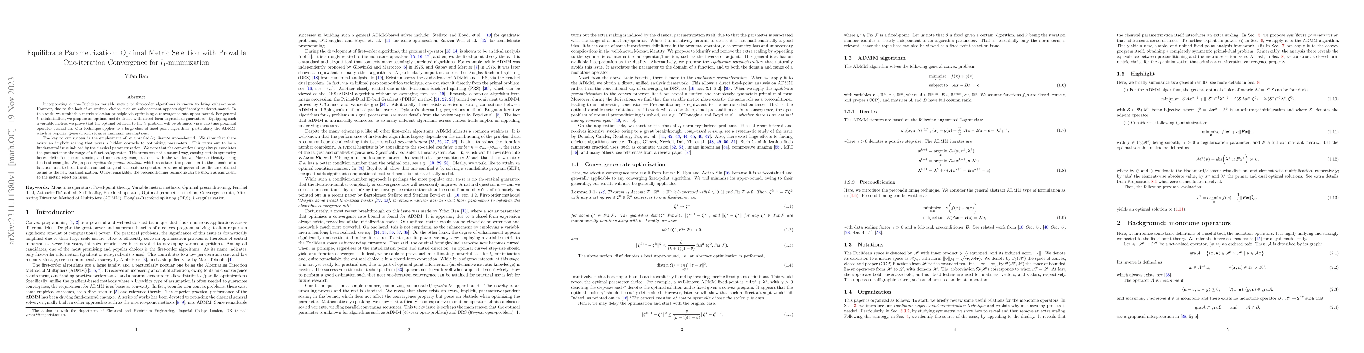 Thumbnail for Equilibrate Parametrization: Optimal Metric Selection with Provable
  One-iteration Convergence for $ l_1 $-minimization