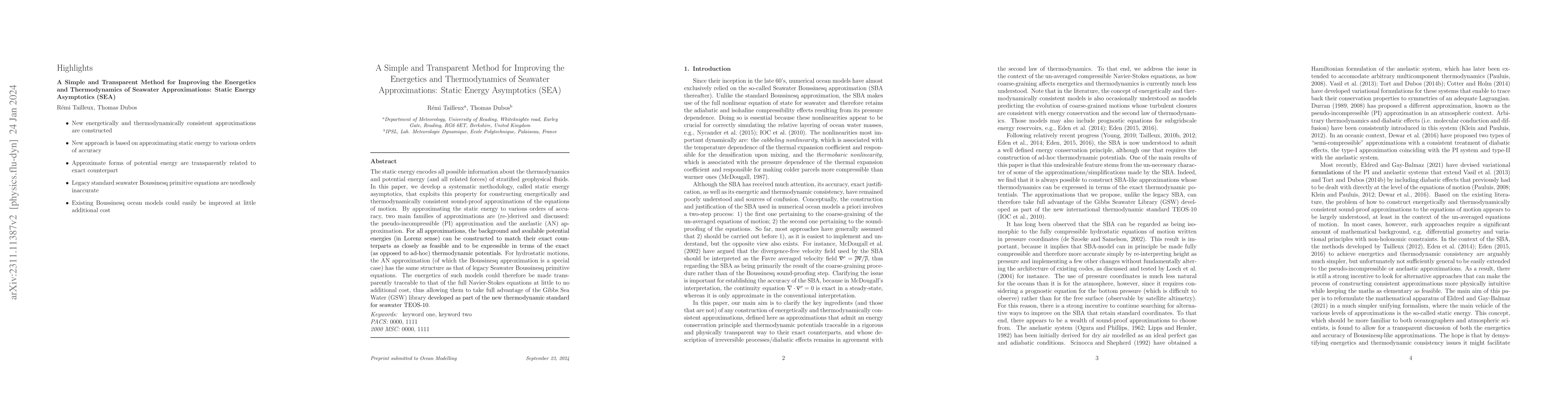 Thumbnail for A Simple and Transparent Method for Improving the Energetics and
  Thermodynamics of Seawater Approximations: Static Energy Asymptotics (SEA)