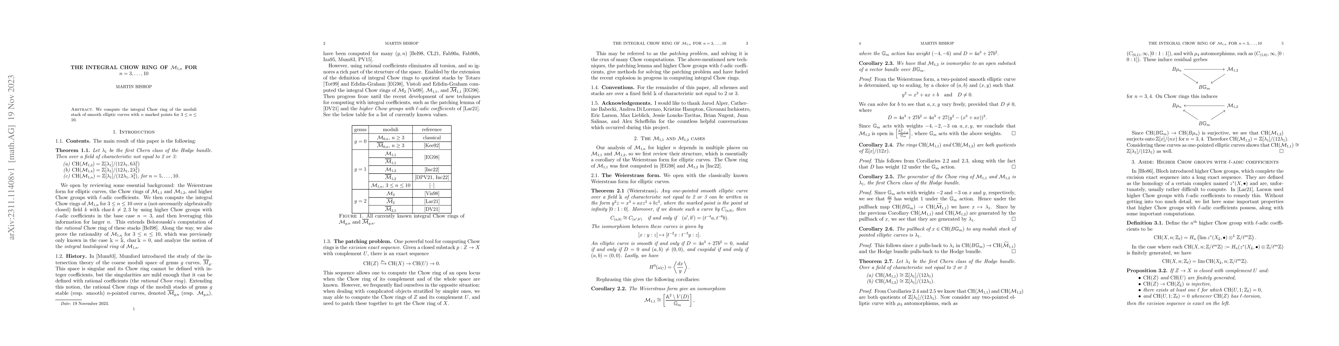 Thumbnail for The integral Chow ring of $\mathcal{M}_{1,n}$ for $n=3,\dots,10$
