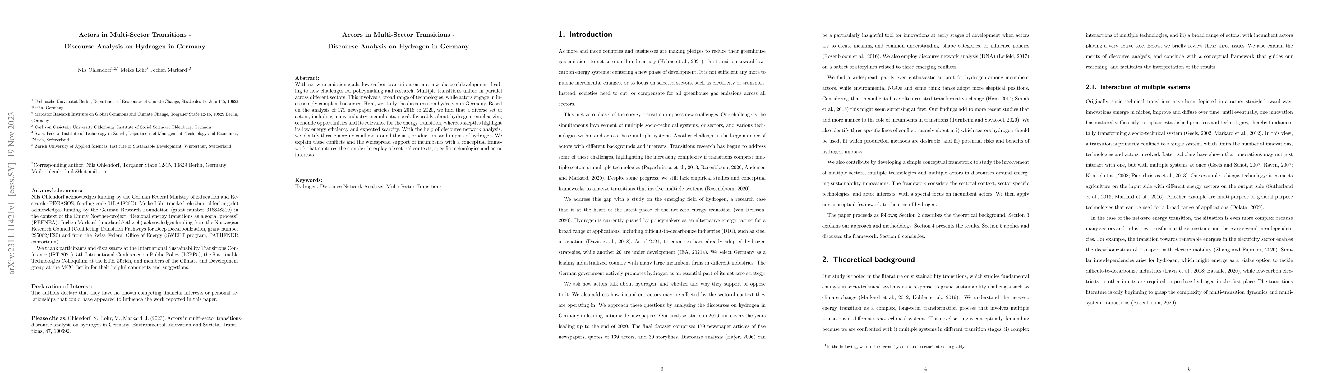 Thumbnail for Actors in Multi-Sector Transitions -- Discourse Analysis on Hydrogen in
  Germany