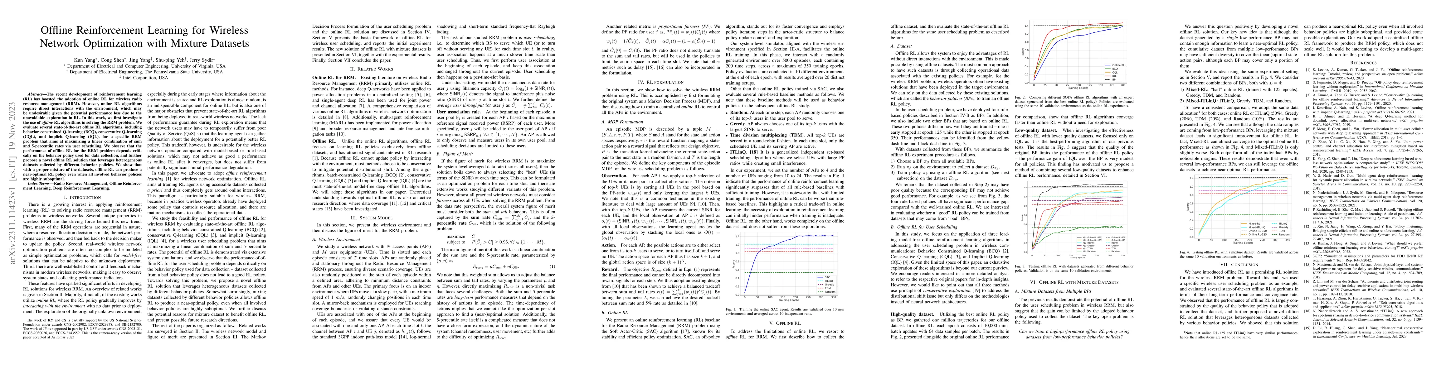 Thumbnail for Offline Reinforcement Learning for Wireless Network Optimization with
  Mixture Datasets