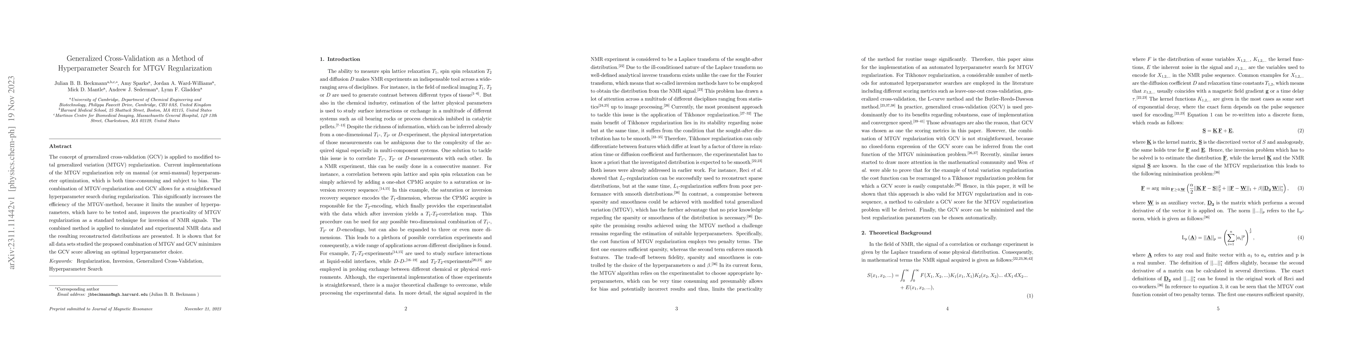 Thumbnail for Generalized Cross-Validation as a Method of Hyperparameter Search for
  MTGV Regularization