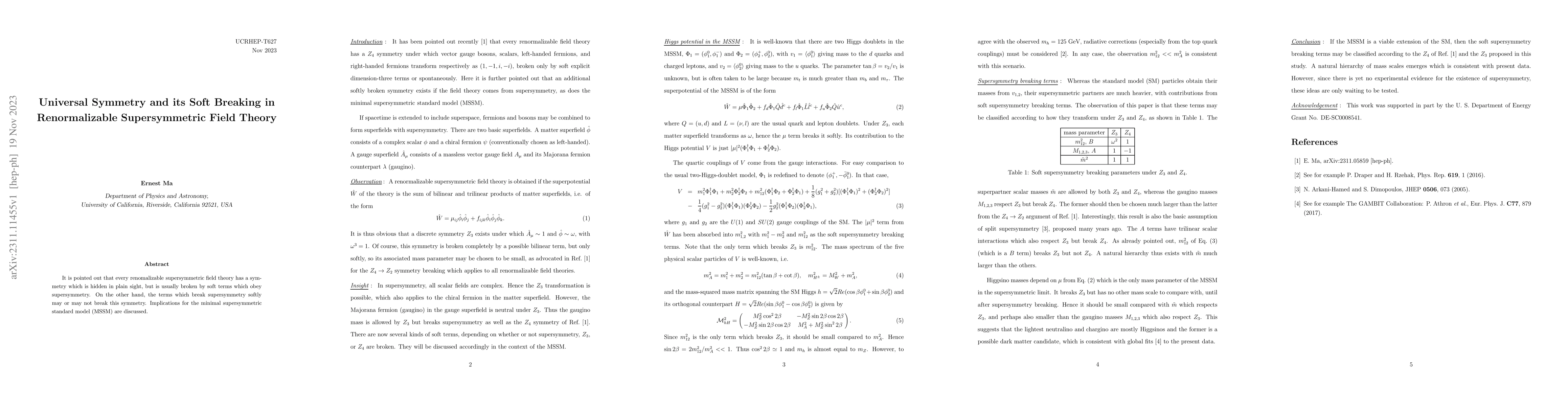 Thumbnail for Universal Symmetry and its Soft Breaking in Renormalizable
  Supersymmetric Field Theory