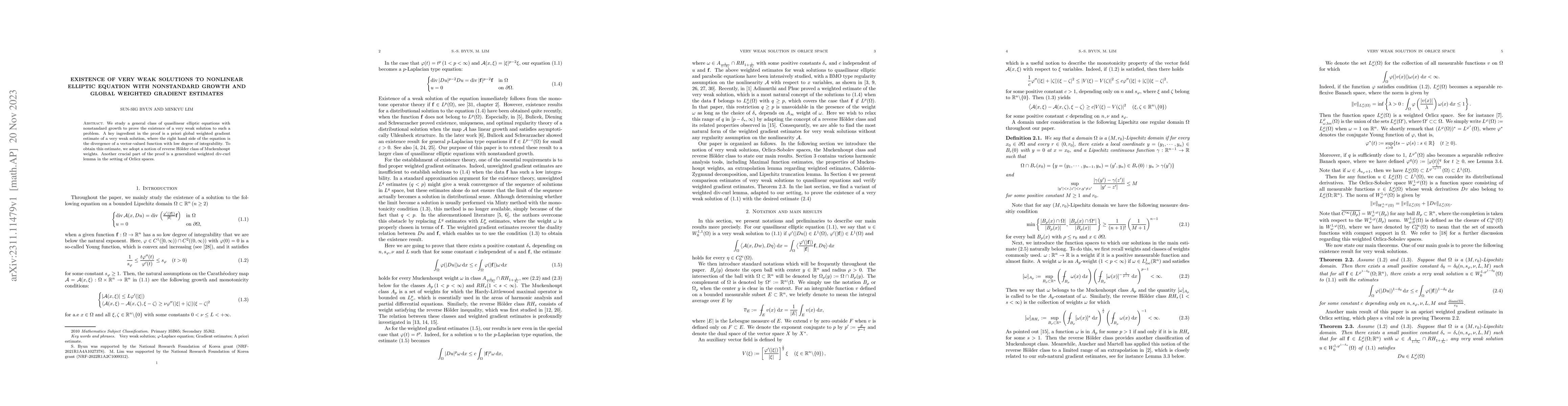 Thumbnail for Existence of very weak solutions to nonlinear elliptic equation with
  nonstandard growth and global weighted gradient estimates