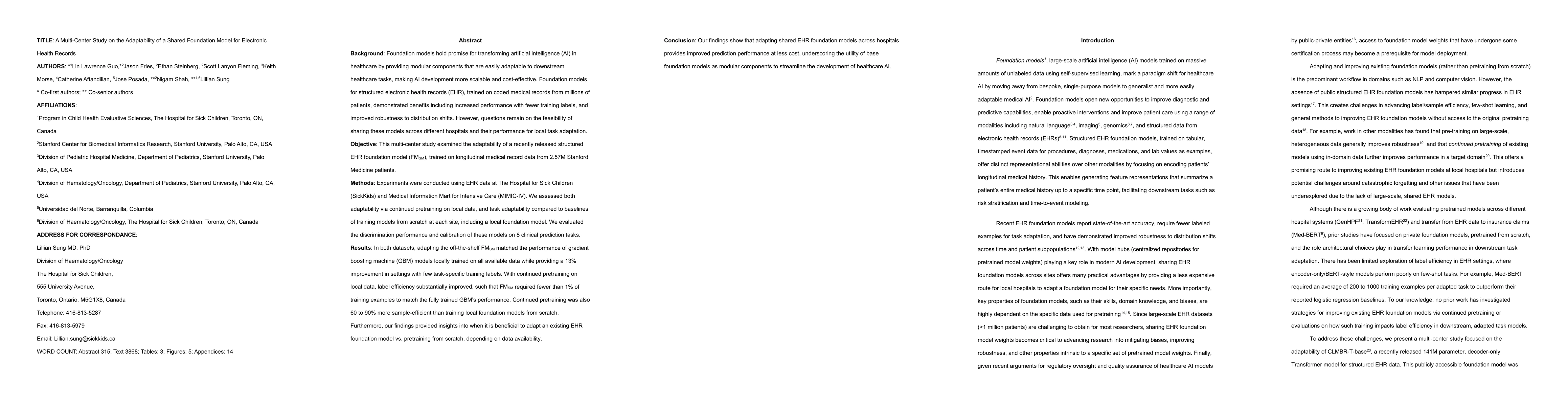 Thumbnail for A Multi-Center Study on the Adaptability of a Shared Foundation Model
  for Electronic Health Records