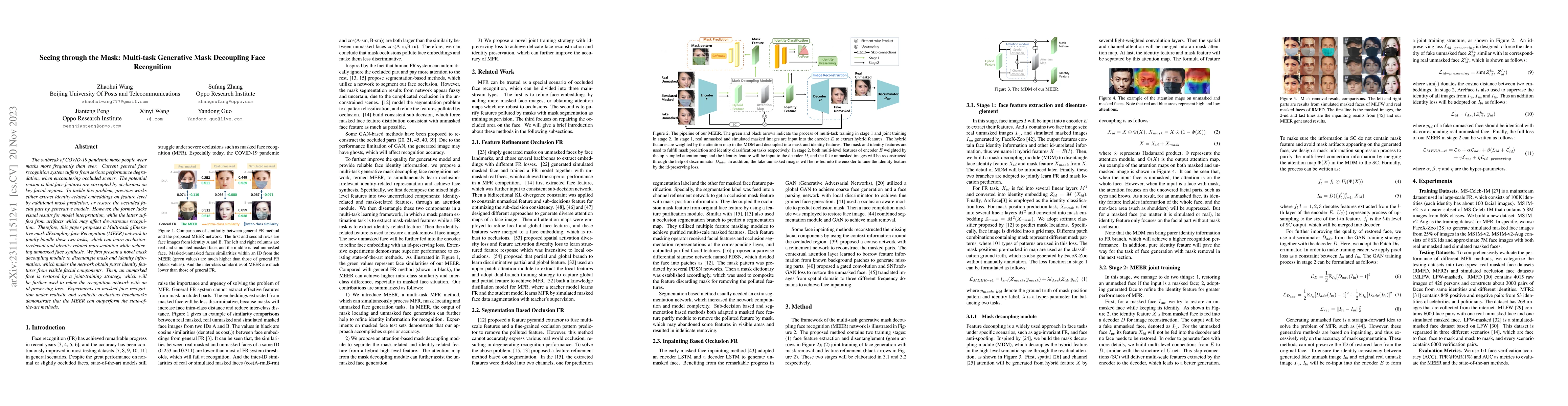 Thumbnail for Seeing through the Mask: Multi-task Generative Mask Decoupling Face
  Recognition