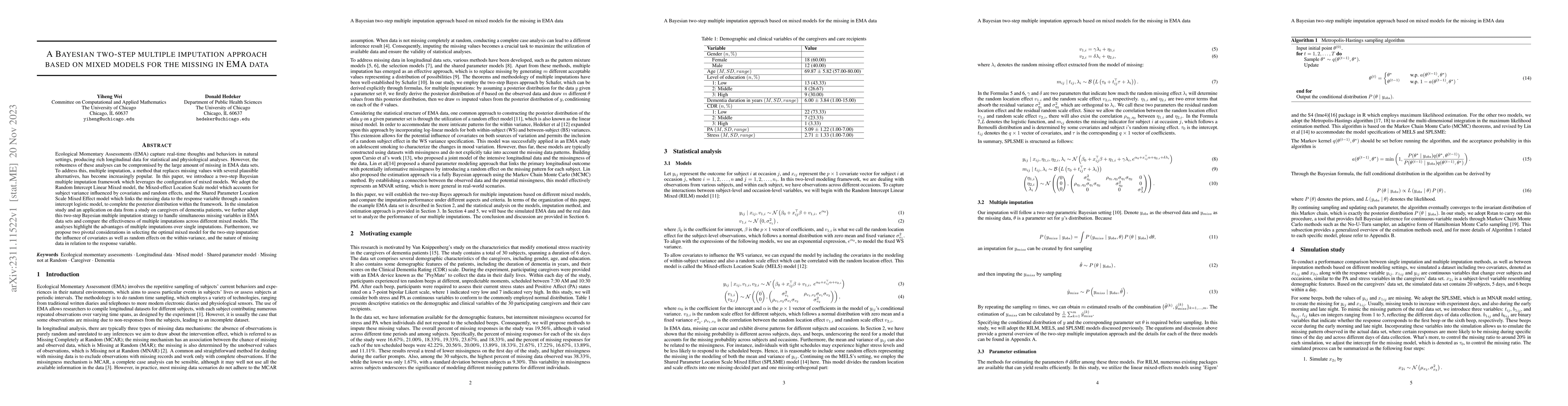Thumbnail for A Bayesian two-step multiple imputation approach based on mixed models
  for the missing in EMA data