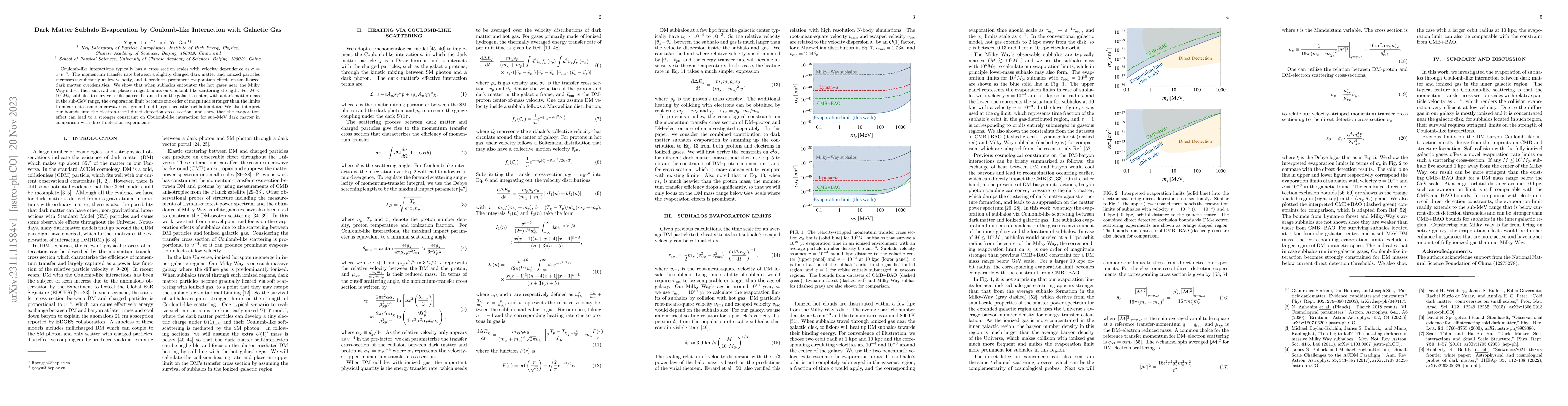Thumbnail for Dark Matter Subhalo Evaporation by Coulomb-like Interaction with
  Galactic Gas