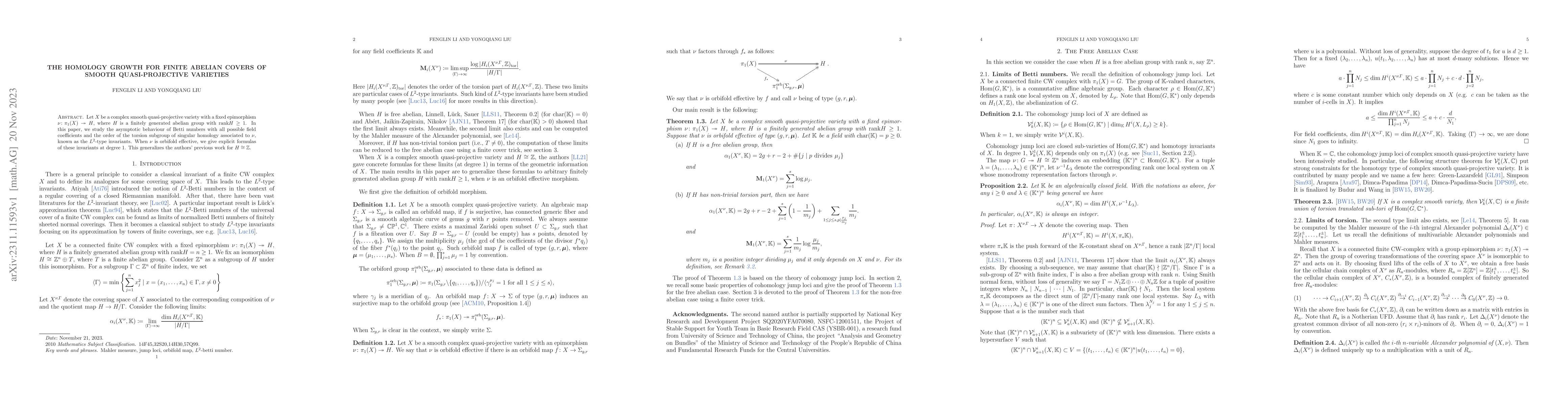 Thumbnail for The homology growth for finite abelian covers of smooth quasi-projective
  varieties