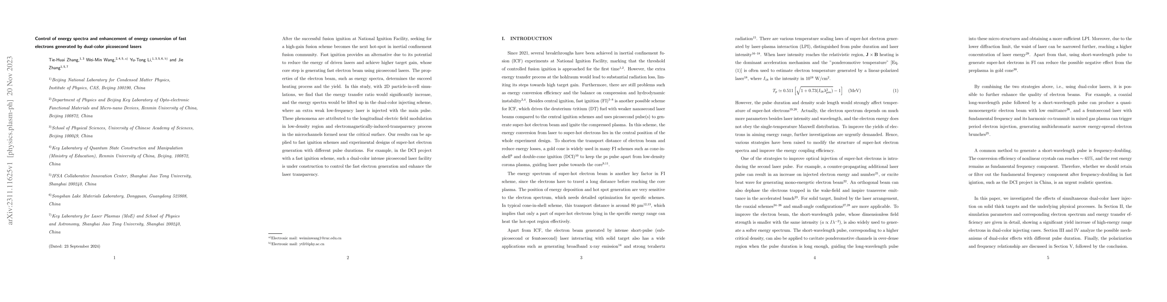 Thumbnail for Control of energy spectra and enhancement of energy conversion of fast
  electrons generated by dual-color picosecond lasers