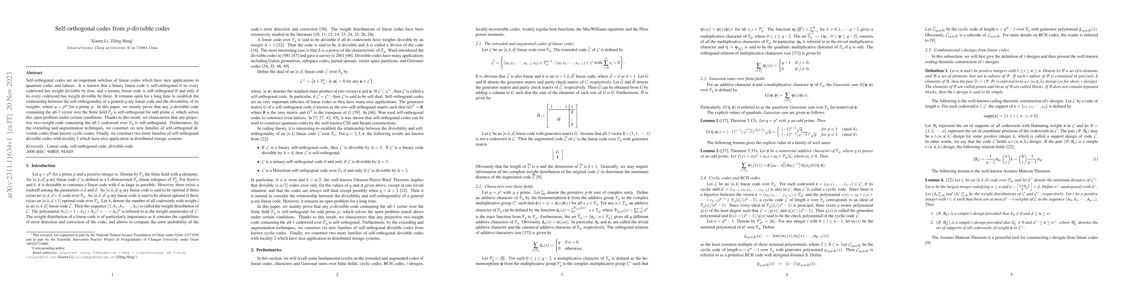 Thumbnail for Self-orthogonal codes from $p$-divisible codes