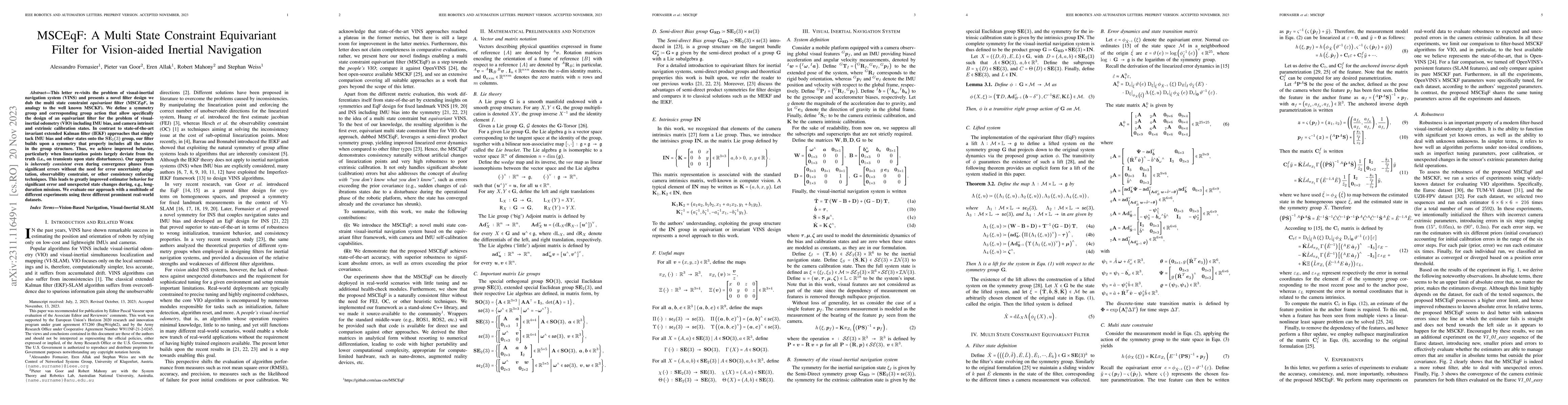 Thumbnail for MSCEqF: A Multi State Constraint Equivariant Filter for Vision-aided
  Inertial Navigation