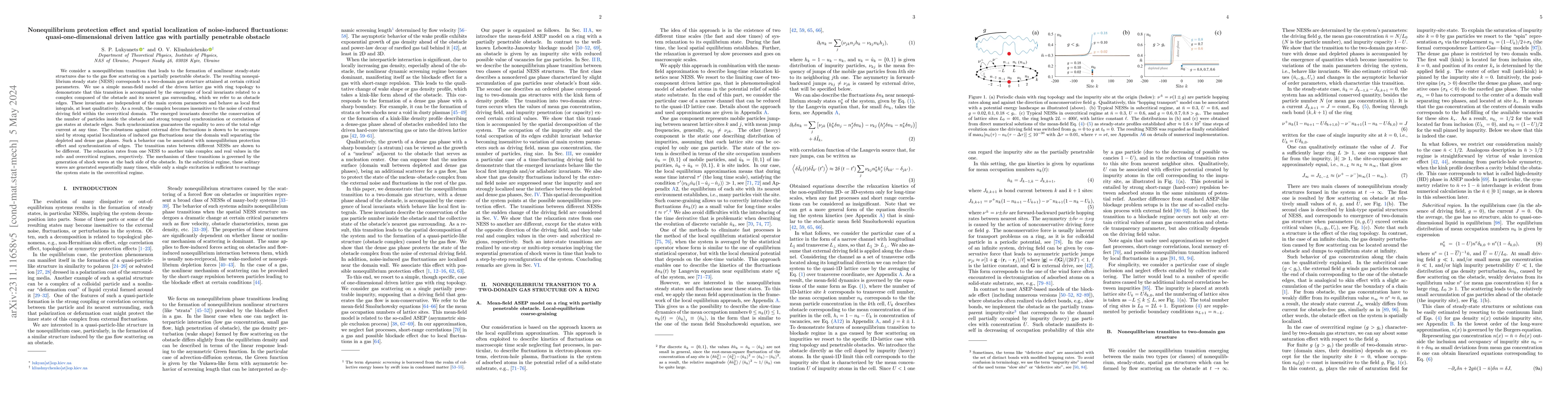 Thumbnail for Nonequilibrium protection and spatial localization of noise-induced
  fluctuations: Quasi-one-dimensional driven lattice gas with partially
  penetrable obstacle