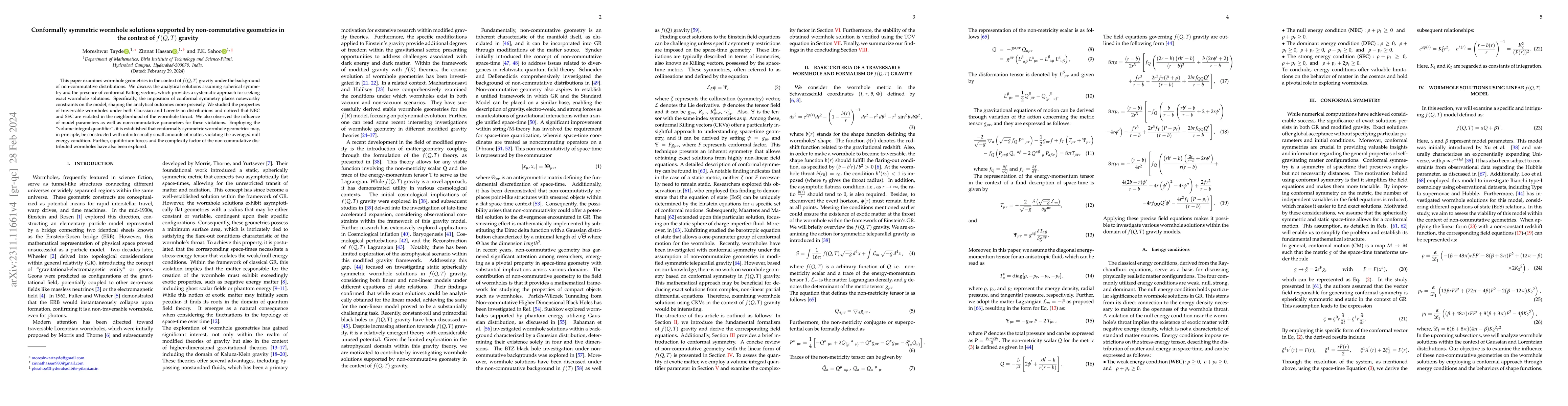 Thumbnail for Conformally symmetric wormhole solutions supported by non-commutative
  geometries in the context of $f(Q,T)$ gravity
