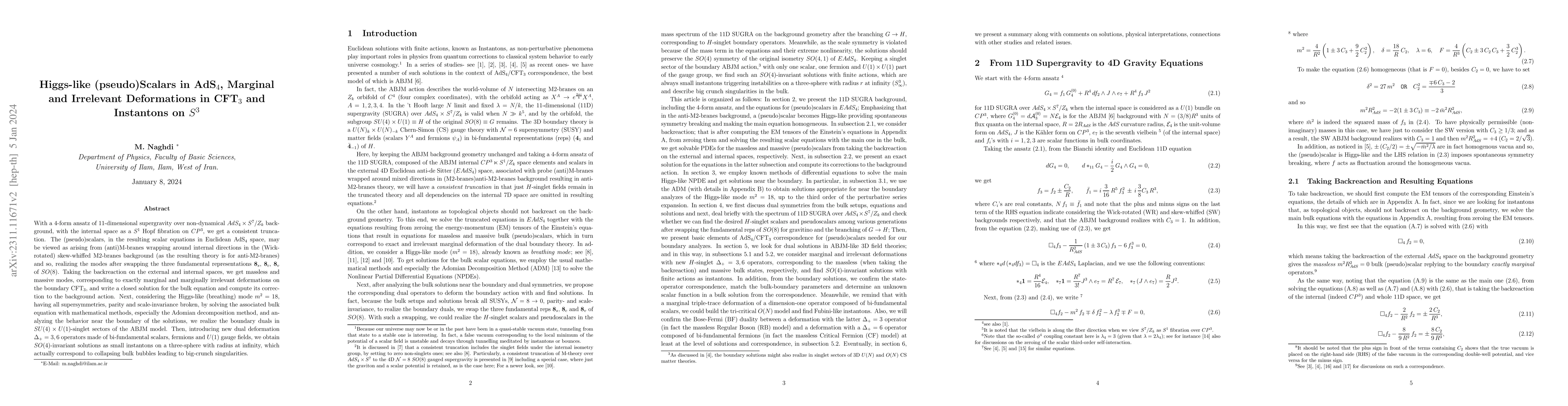 Thumbnail for Higgs-like (pseudo)Scalars in AdS$_4$, Marginal and Irrelevant
  Deformations in CFT_3 and Instantons on S^3
