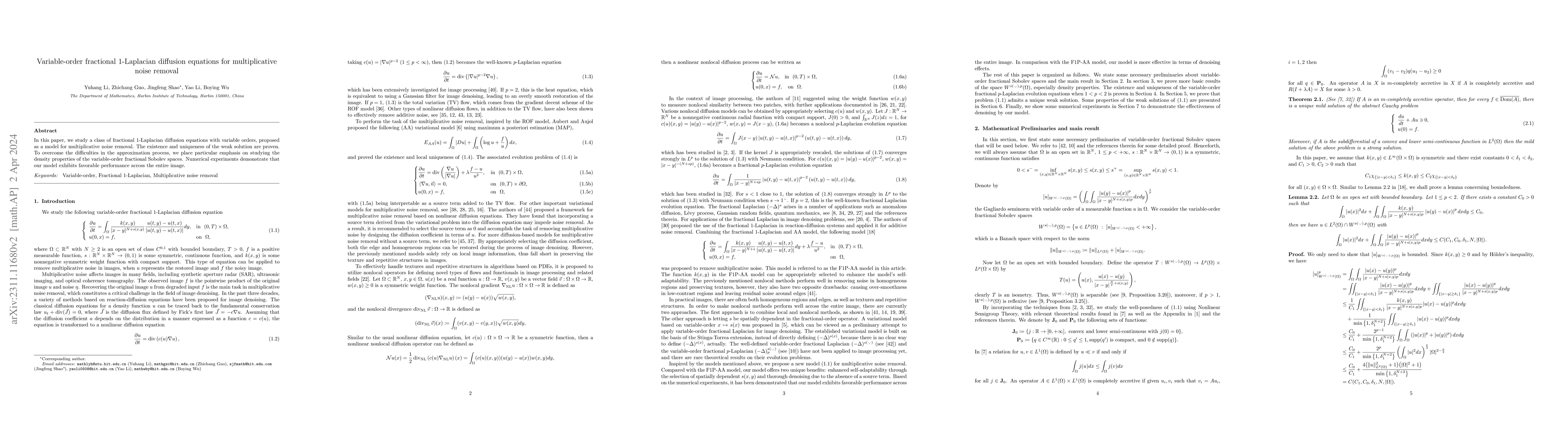 Thumbnail for Variable-order fractional 1-Laplacian diffusion equations for
  multiplicative noise removal