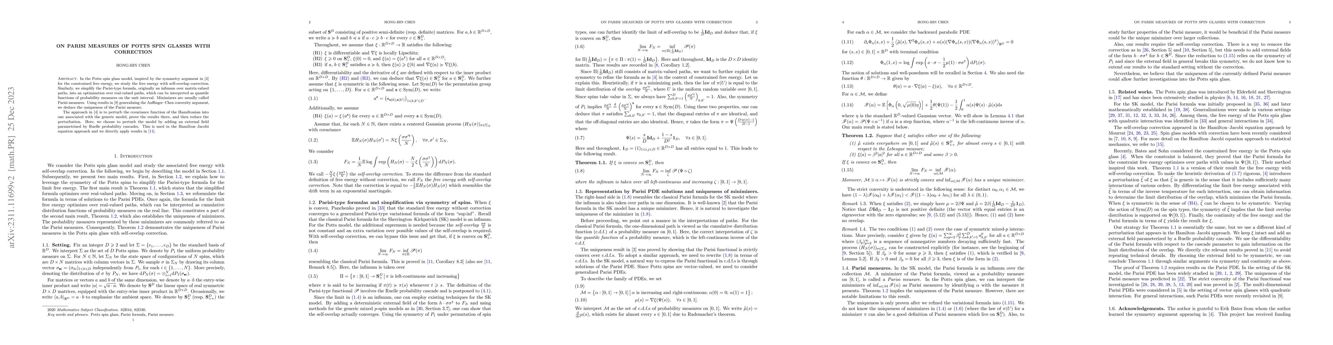 Thumbnail for On Parisi measures of Potts spin glasses with correction