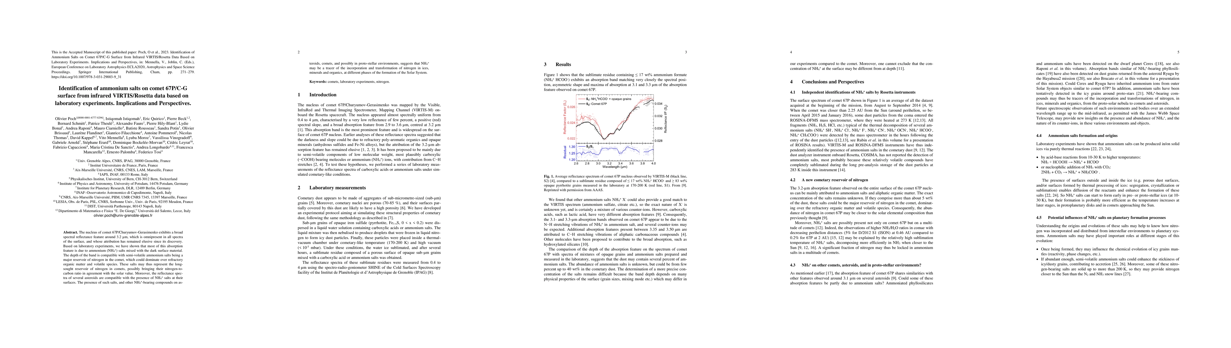 Thumbnail for Identification of Ammonium Salts on Comet 67P/C-G Surface from Infrared
  VIRTIS/Rosetta Data Based on Laboratory Experiments. Implications and
  Perspectives