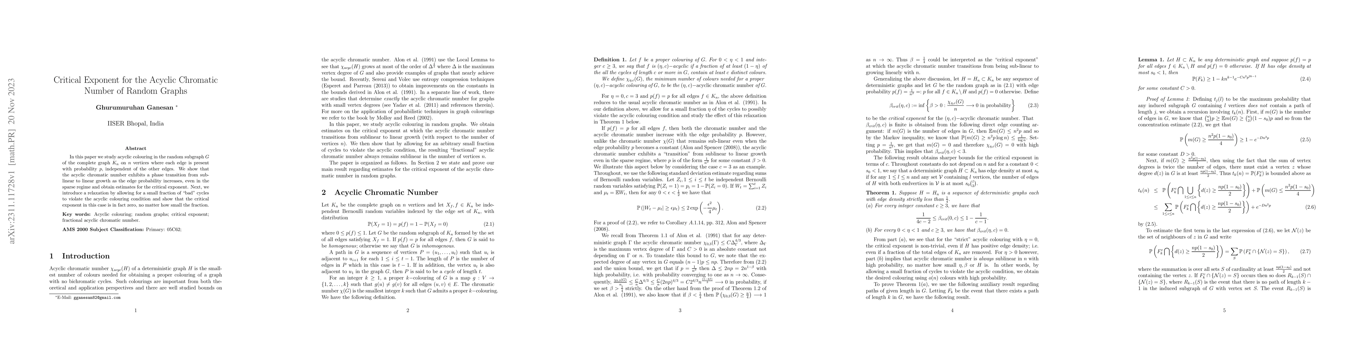 Thumbnail for Critical Exponent for the Acyclic Chromatic Number of Random Graphs