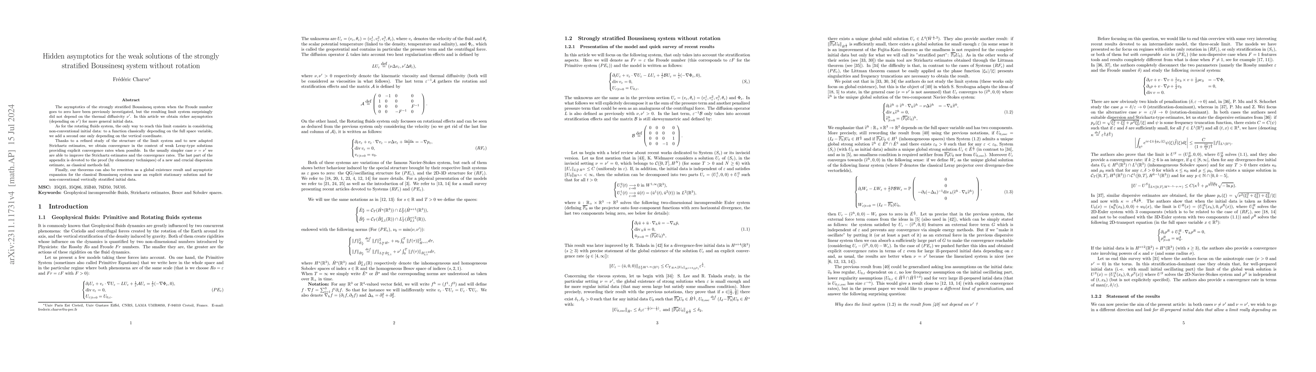 Thumbnail for Hidden asymptotics for the weak solutions of the strongly stratified
  Boussinesq system without rotation