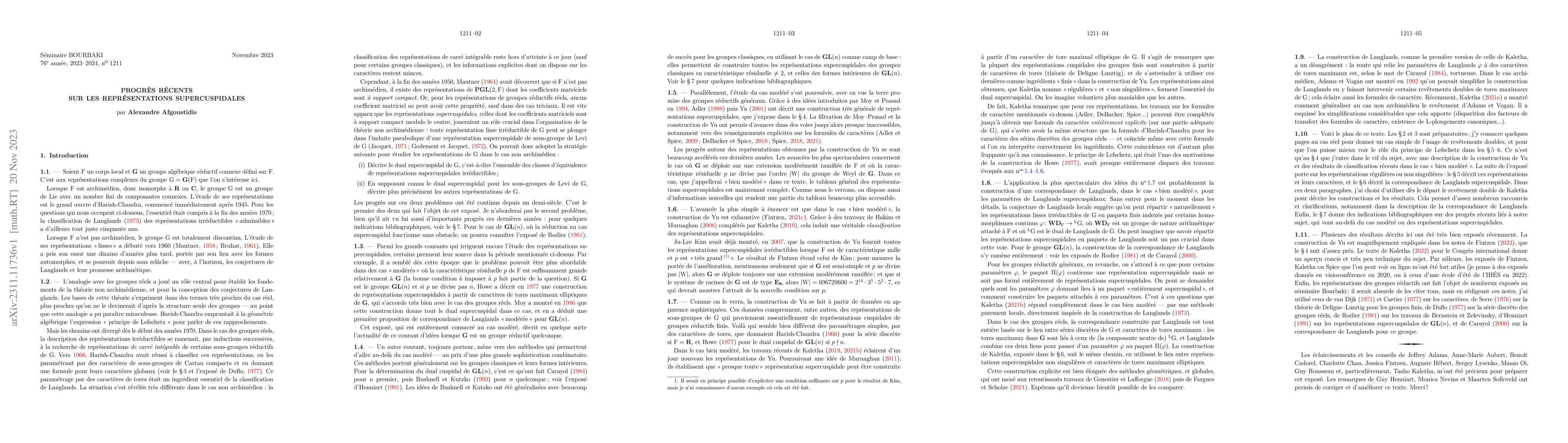 Thumbnail for Progr\`es r\'ecents sur les repr\'esentations supercuspidales