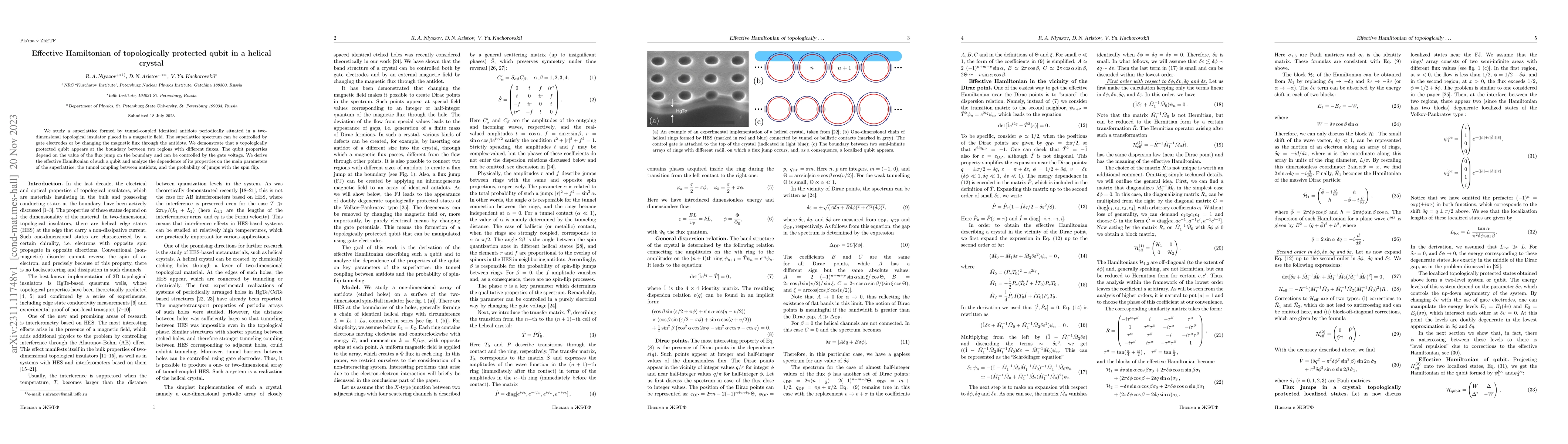 Thumbnail for Effective Hamiltonian of topologically protected qubit in a helical
  crystal